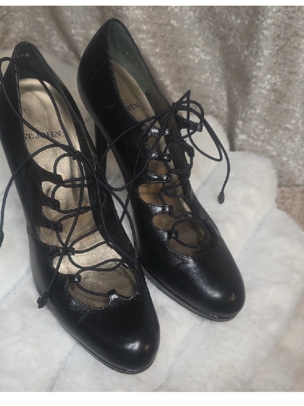 St. John Black Lace-Up Scalloped Pumps